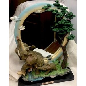 Vintage 3D Tropical Forrest Elephants Oval Vanity Desktop Mirror EUC 15"x10"